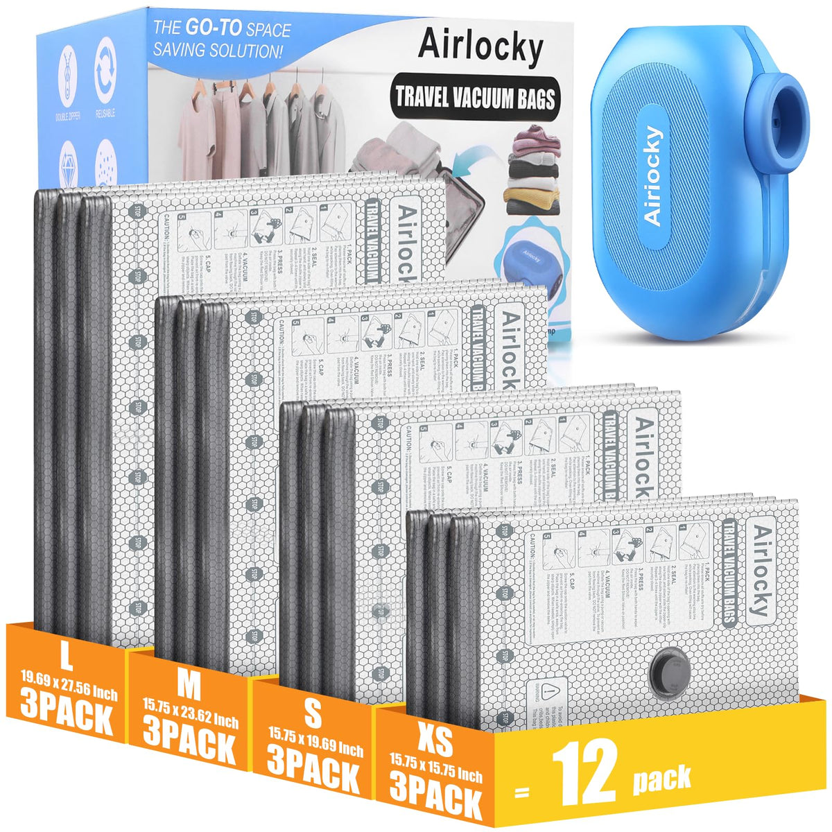 Airlocky travel vacuum bags pack shown with compact clothing bundles for space saving.