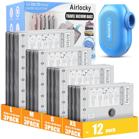 Airlocky travel vacuum bags pack shown with compact clothing bundles for space saving.