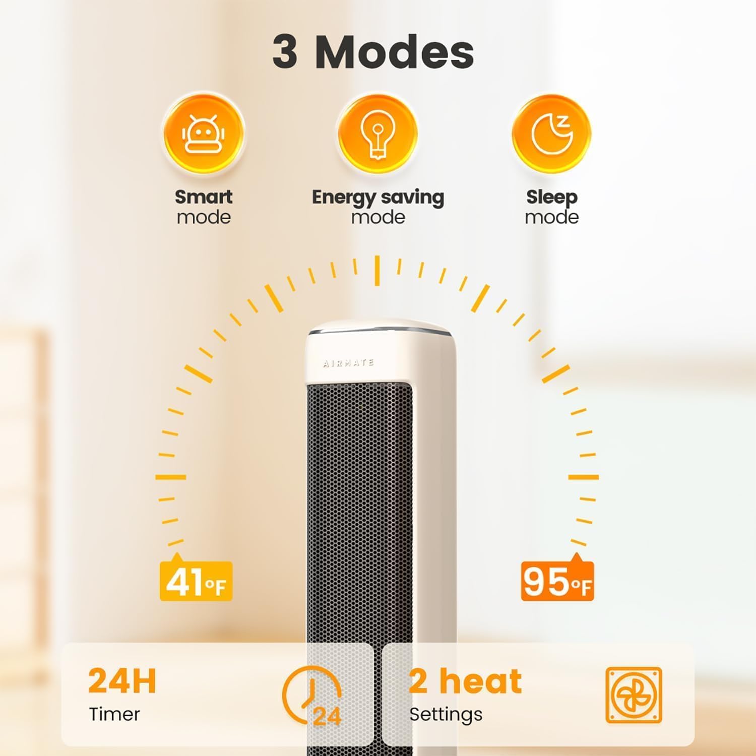 AIRMATE 80-degree oscillation demonstrates wide heat distribution across the room.