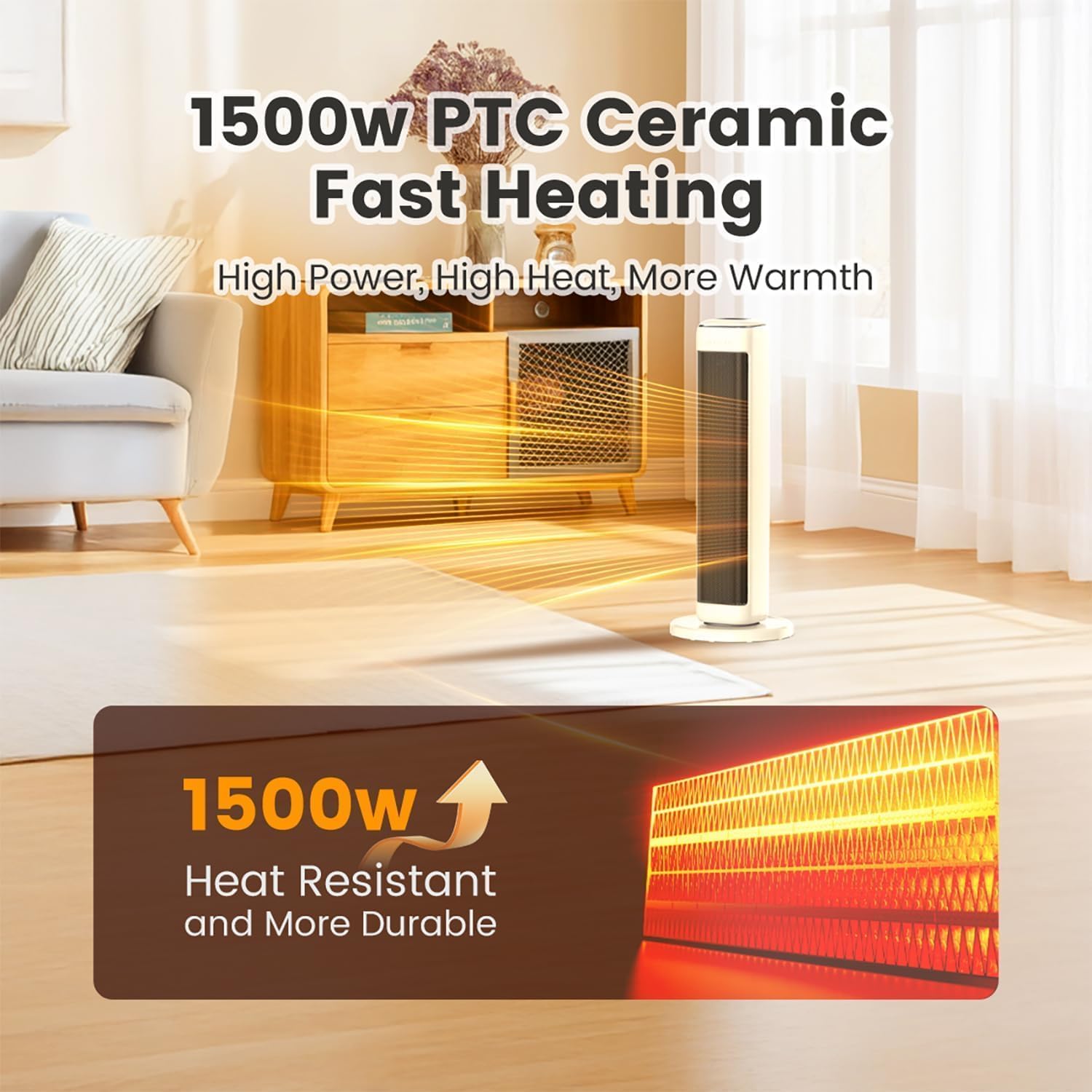 AIRMATE beige tower heater with side control panel for easy adjustments.