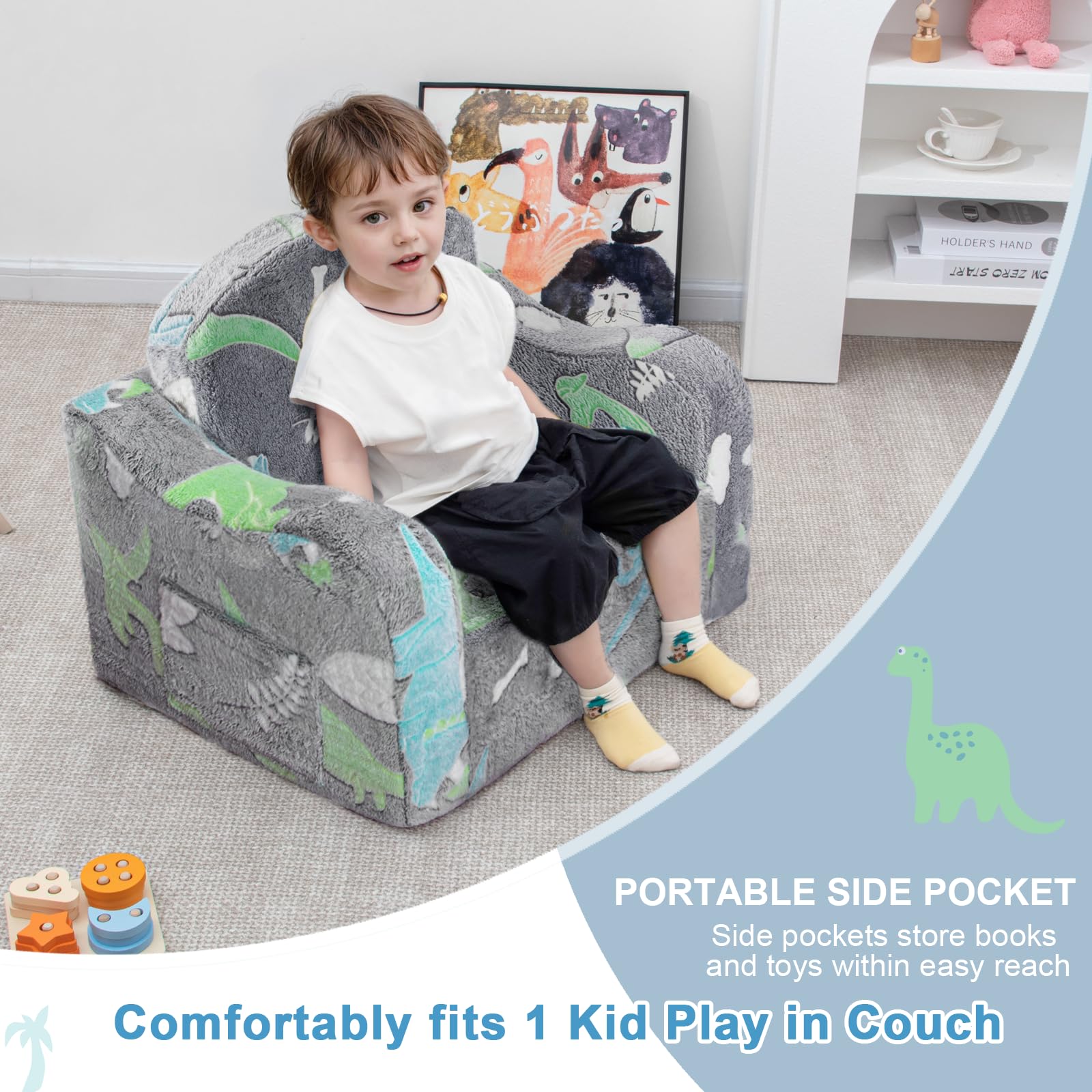 Airpanda chair with handy side pockets for books and toys