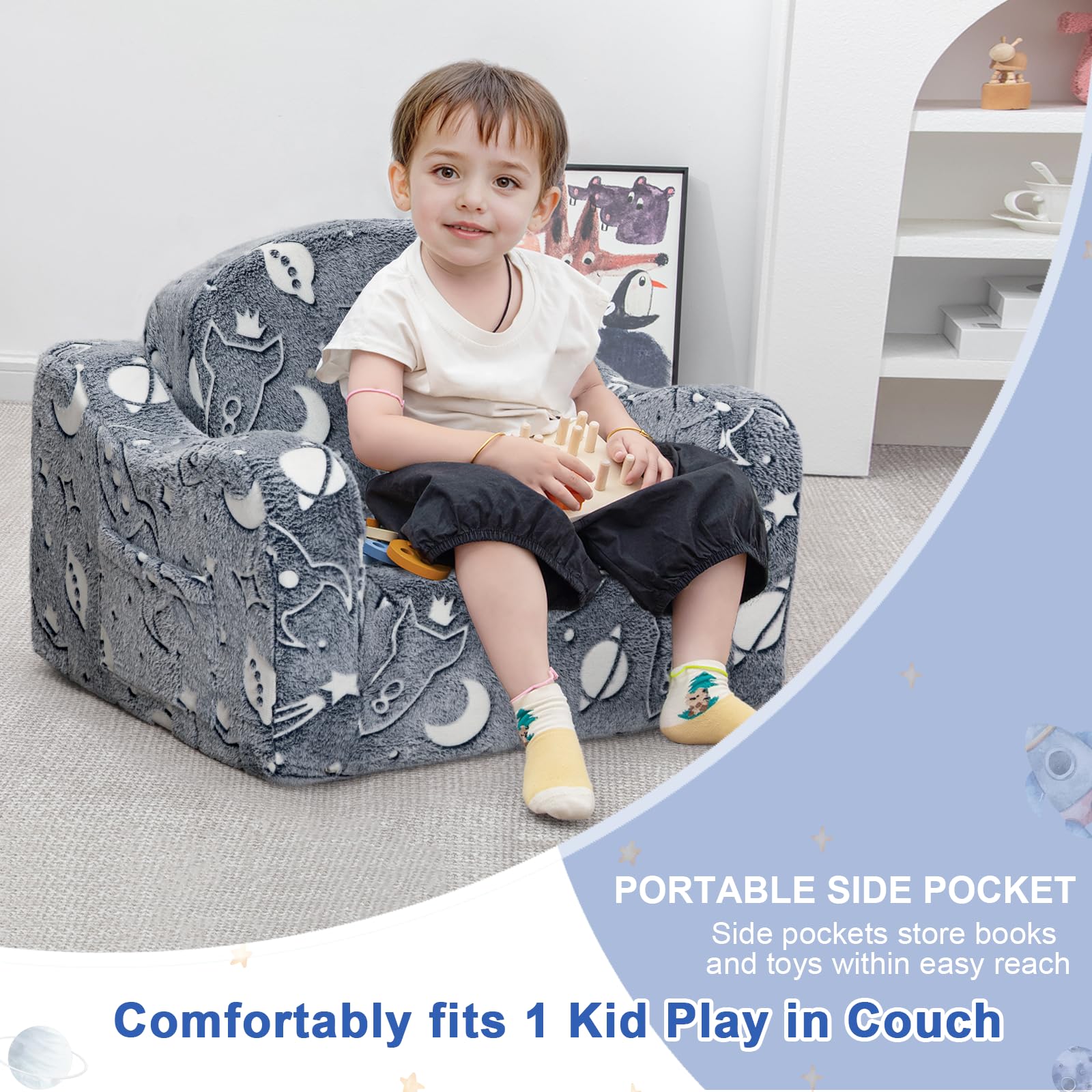 Airpanda Glow in the Dark Starry Sky sofa glow adds bedtime magic.