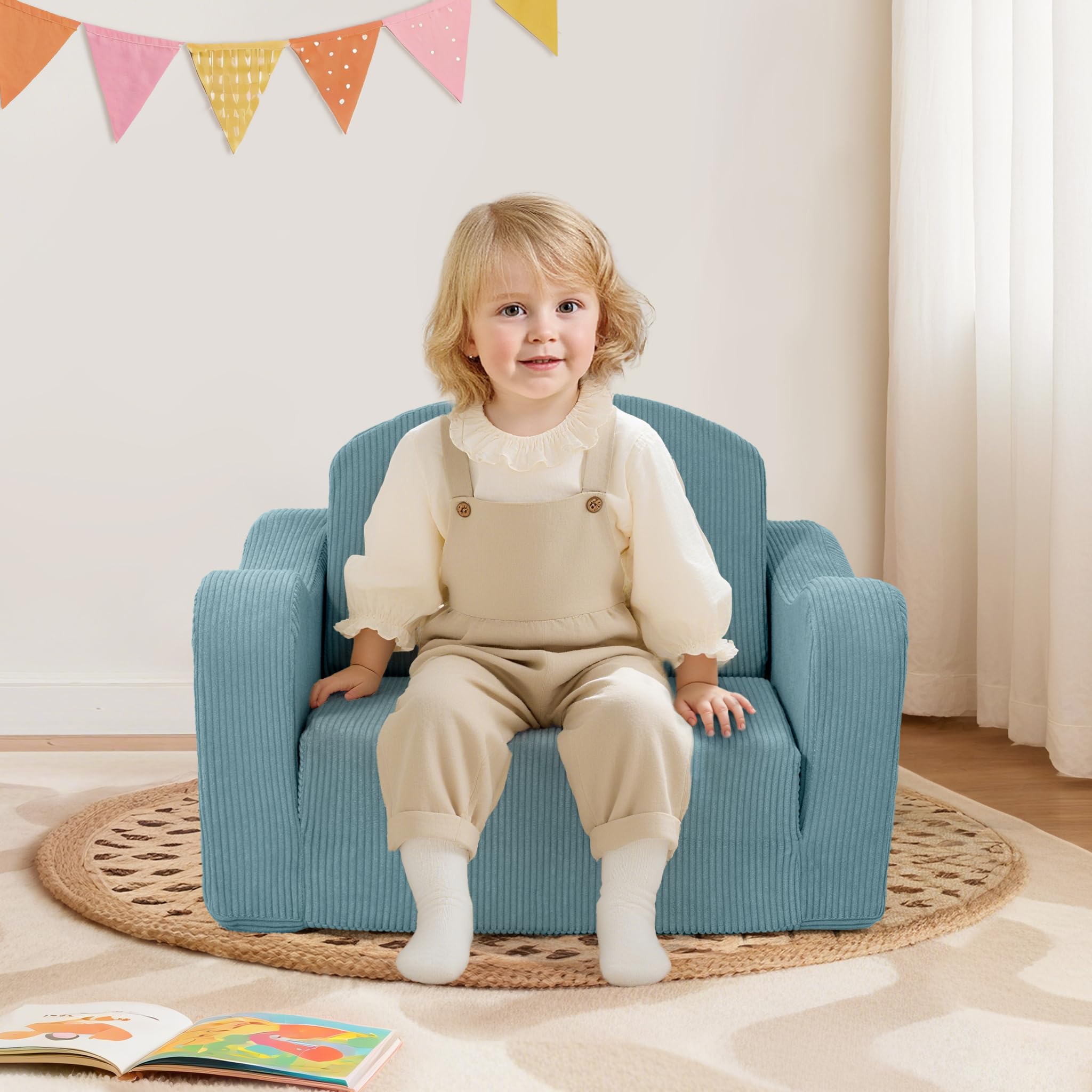 Airpanda Convertible Kids Couch supports reading, watching, and playing.