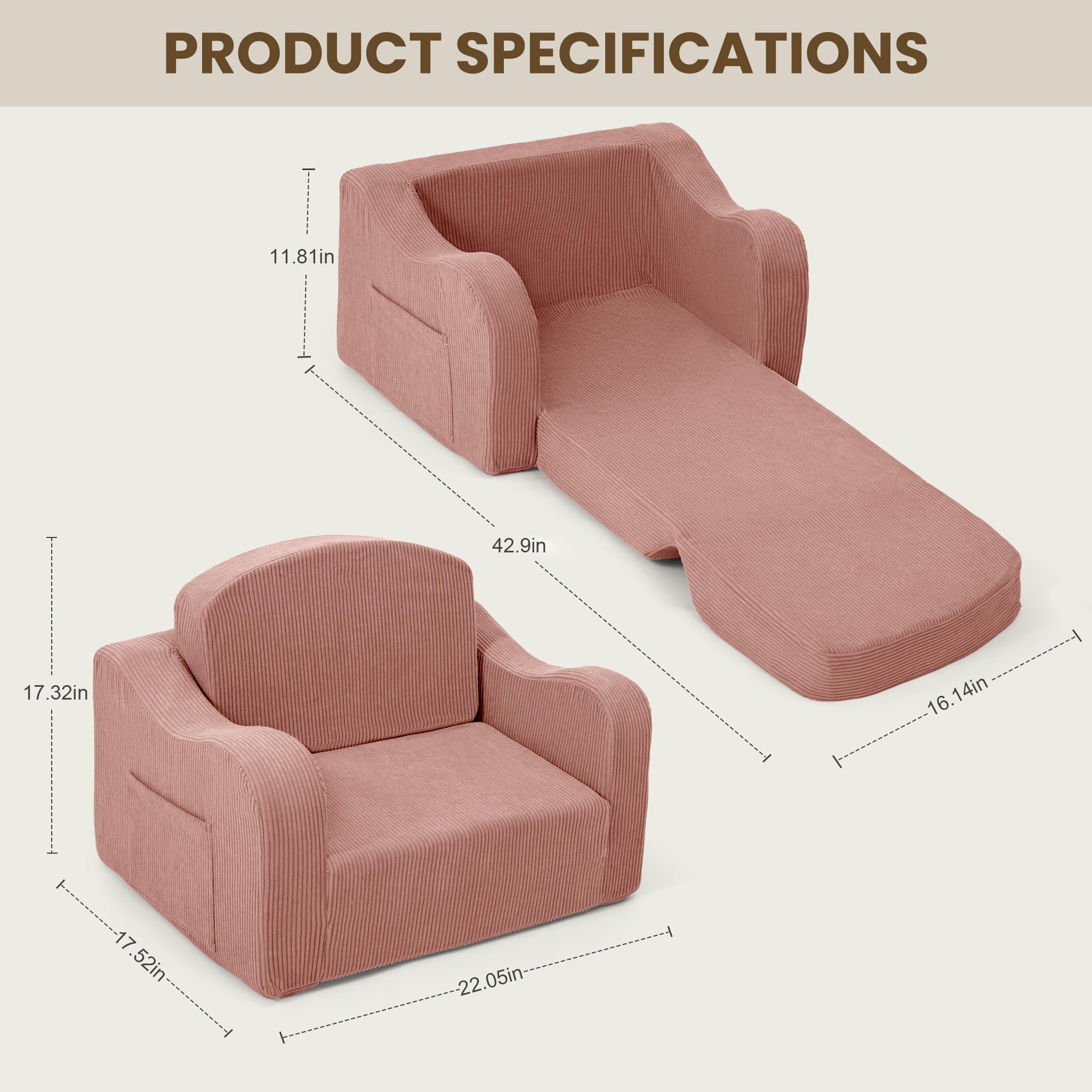 Airpanda kids couch pink with side pocket for books and toys
