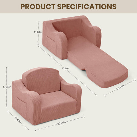 Airpanda kids couch pink with side pocket for books and toys