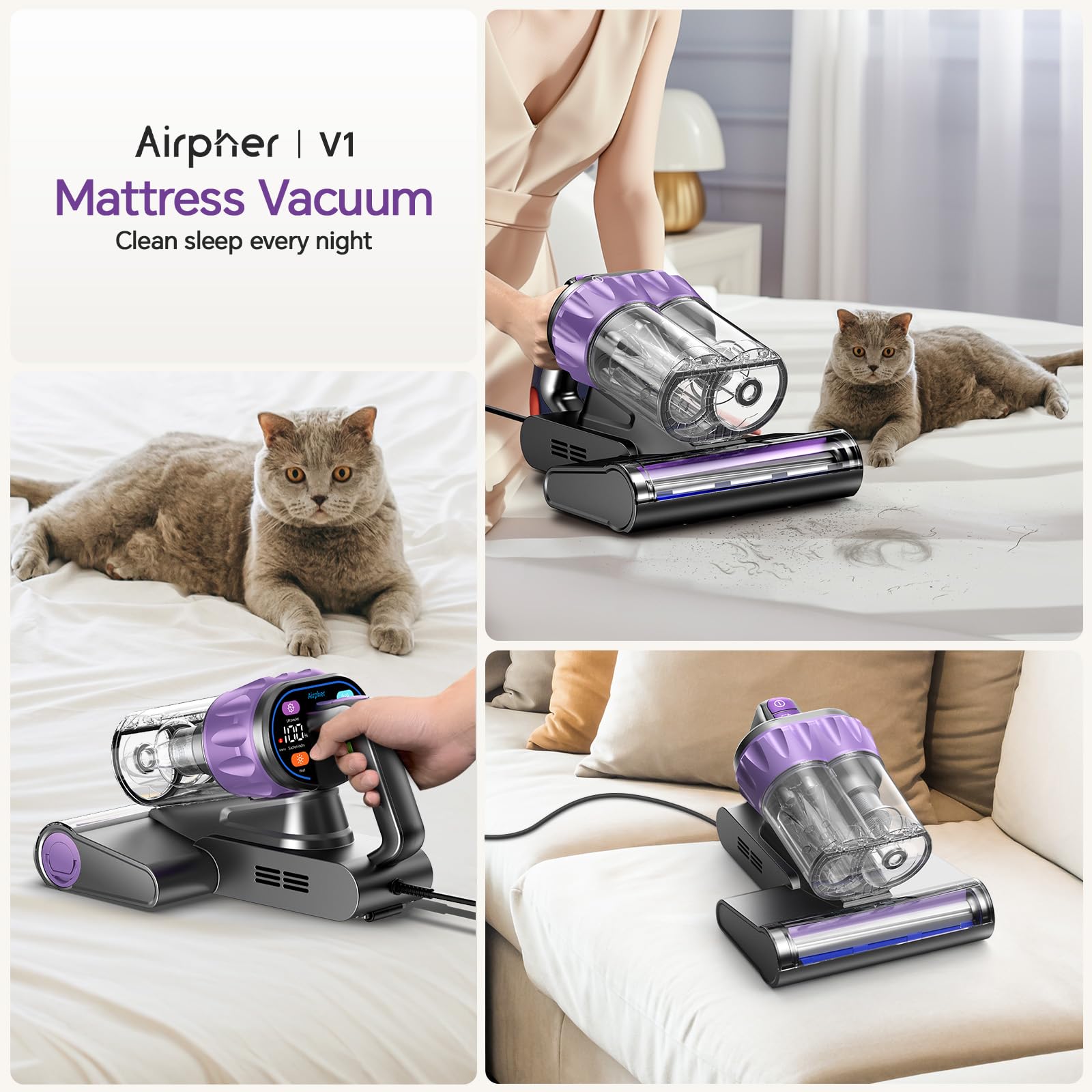 Airpher Compact form supports comfortable mattress cleaning around furniture.