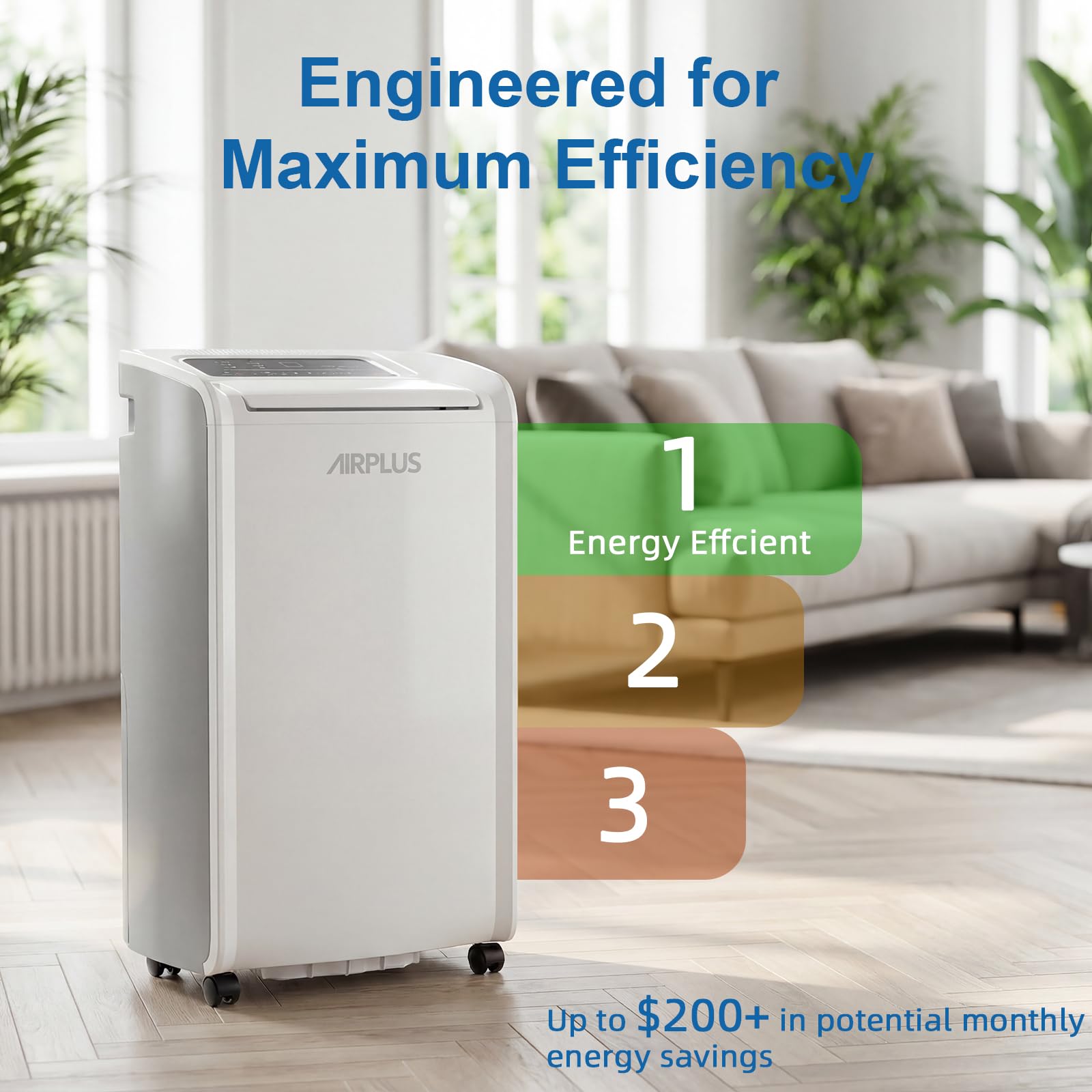 AirPlus dehumidifier covers up to 4,500 sq ft for large spaces.