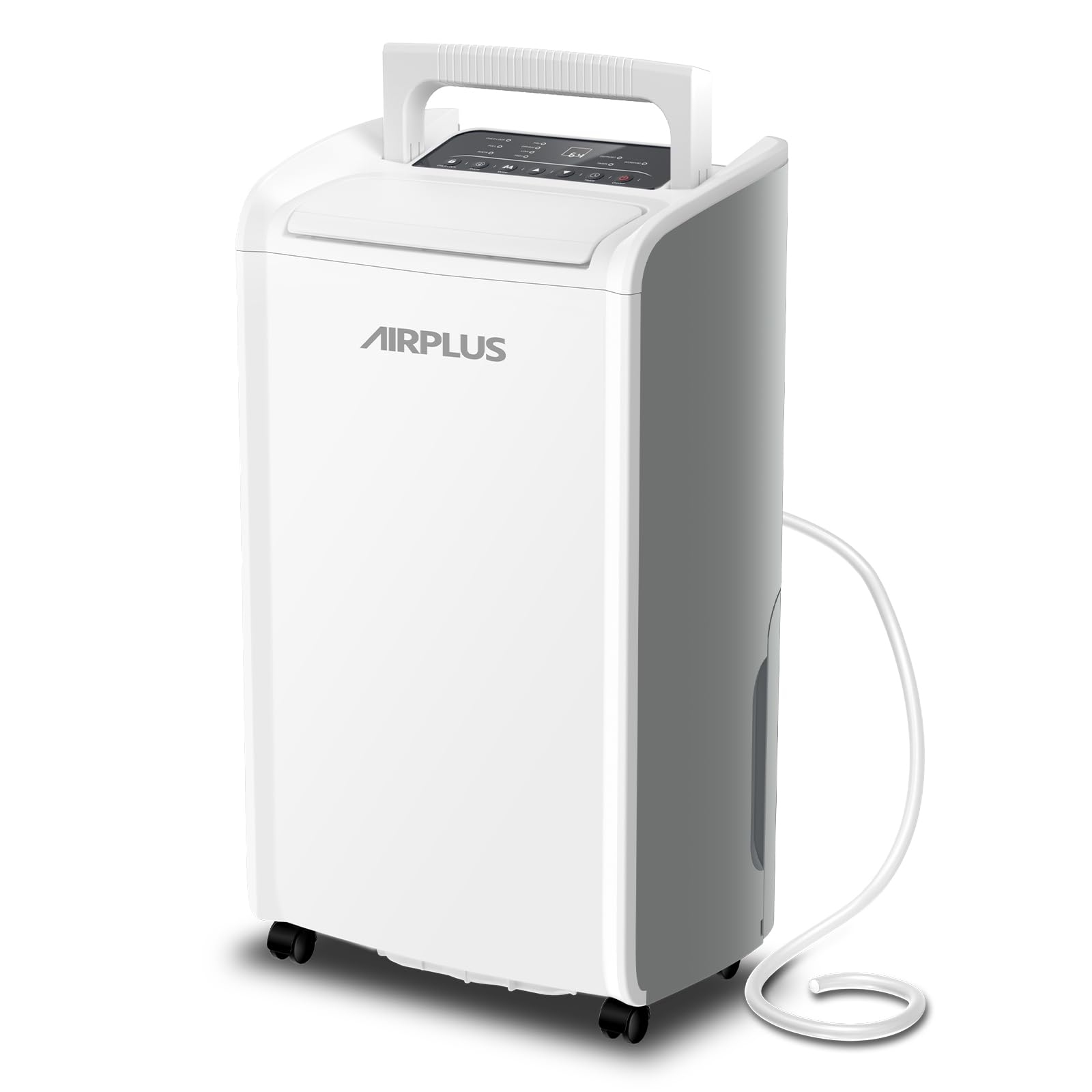 AirPlus dehumidifier installed in a basement with a drain hose for continuous operation.