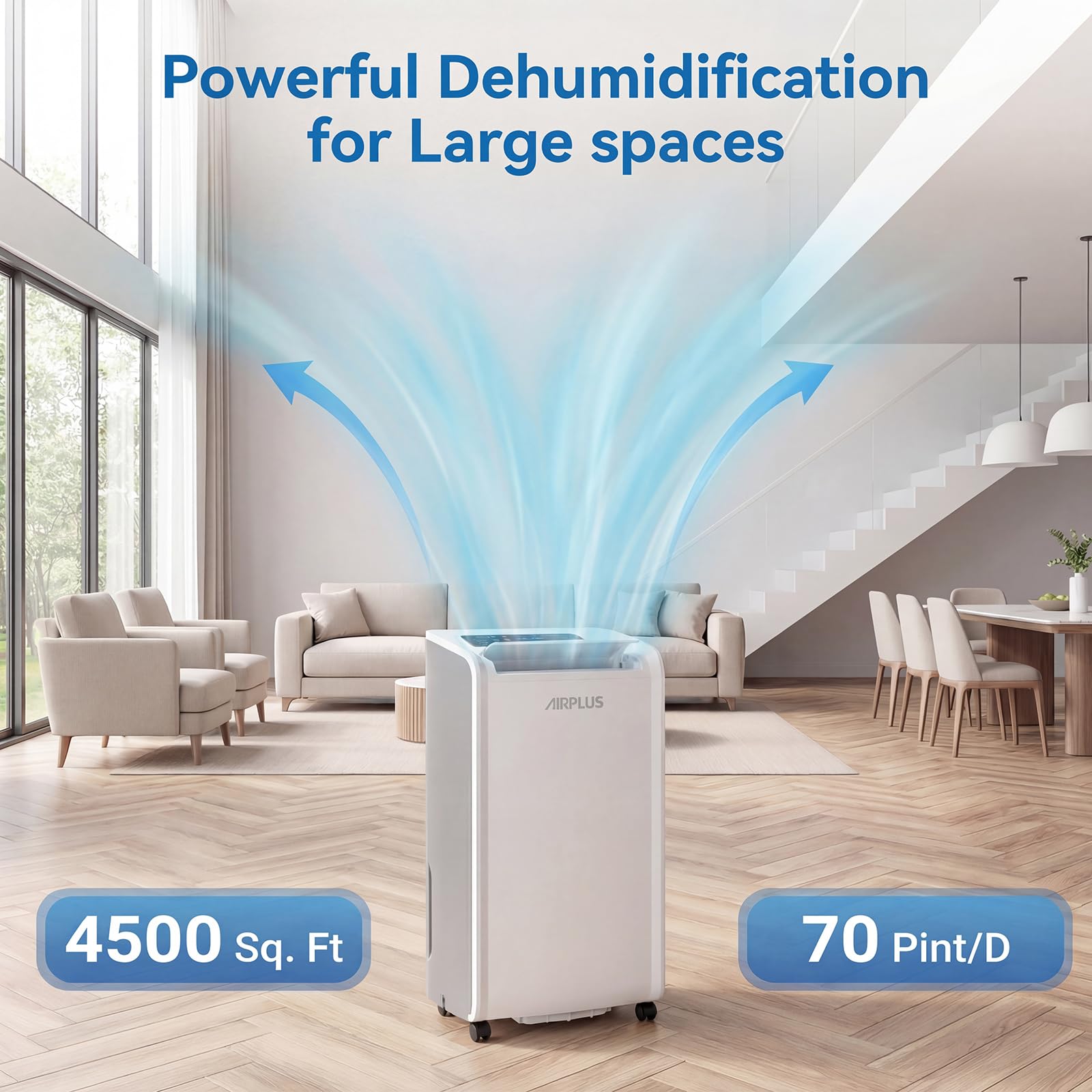 AirPlus dehumidifier top panel with digital controls for easy monitoring.
