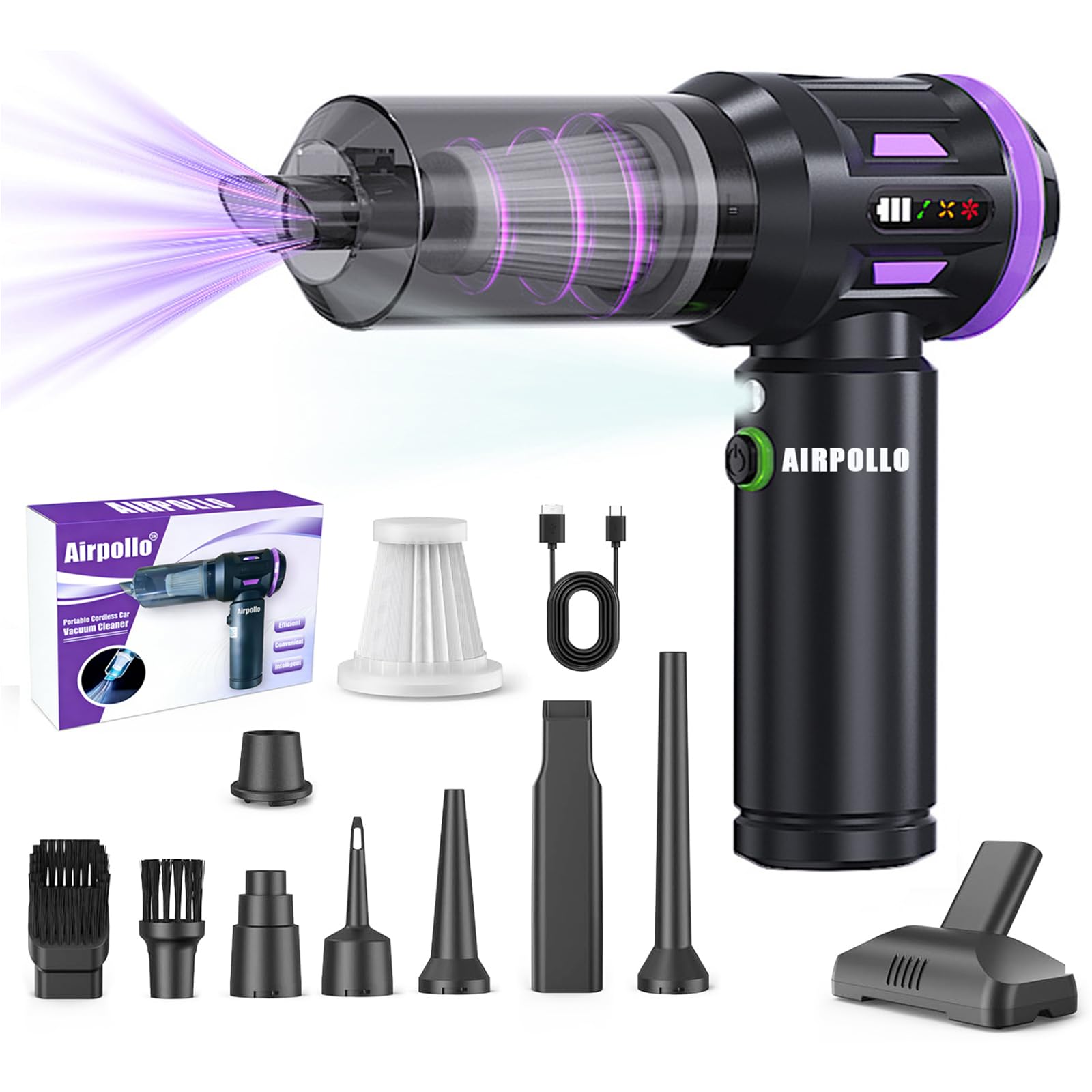 Airpollo car vacuum with LED screen in action, monitoring suction and battery status.