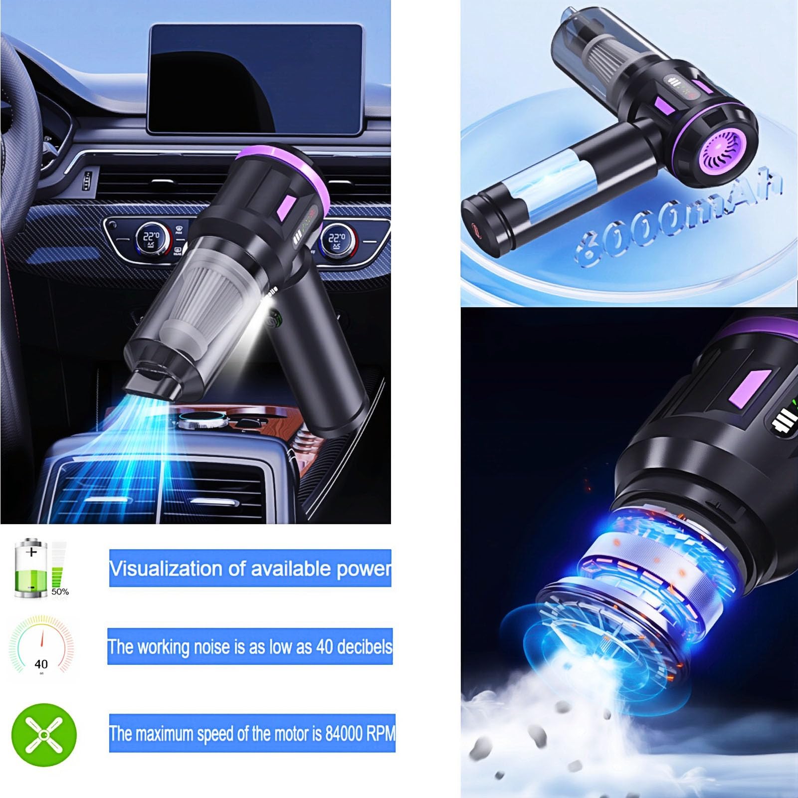Airpollo compact vacuum with LED indicator lighting during use.