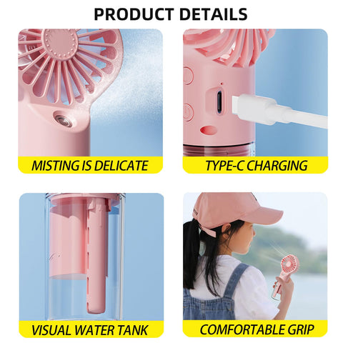 AIRPROSSING Misting Fan with Type-C charging for quick recharges on the go.