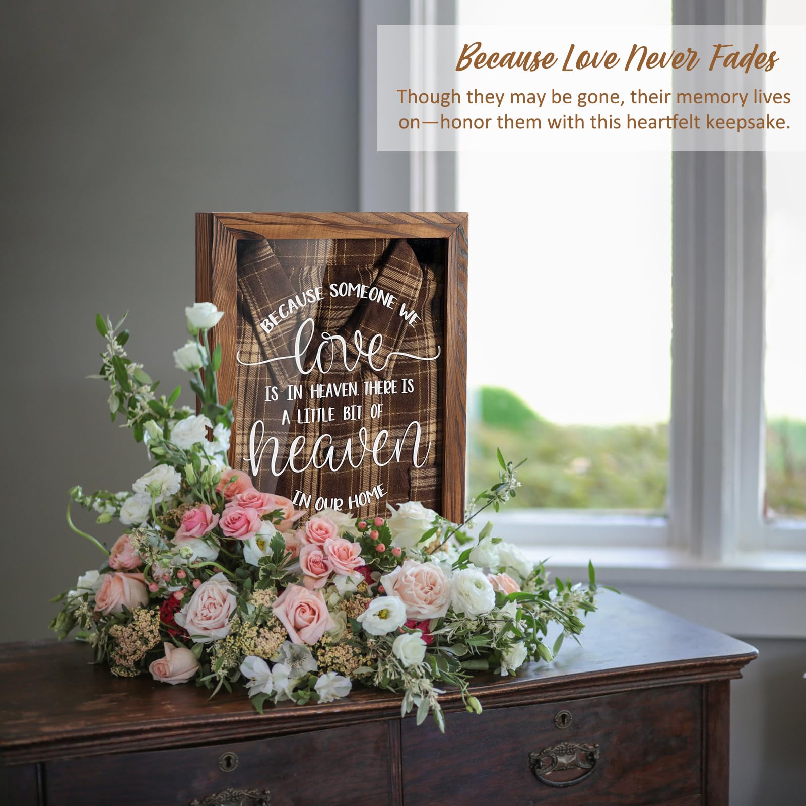 Airrioal memory shadow box shows keepsake inside.