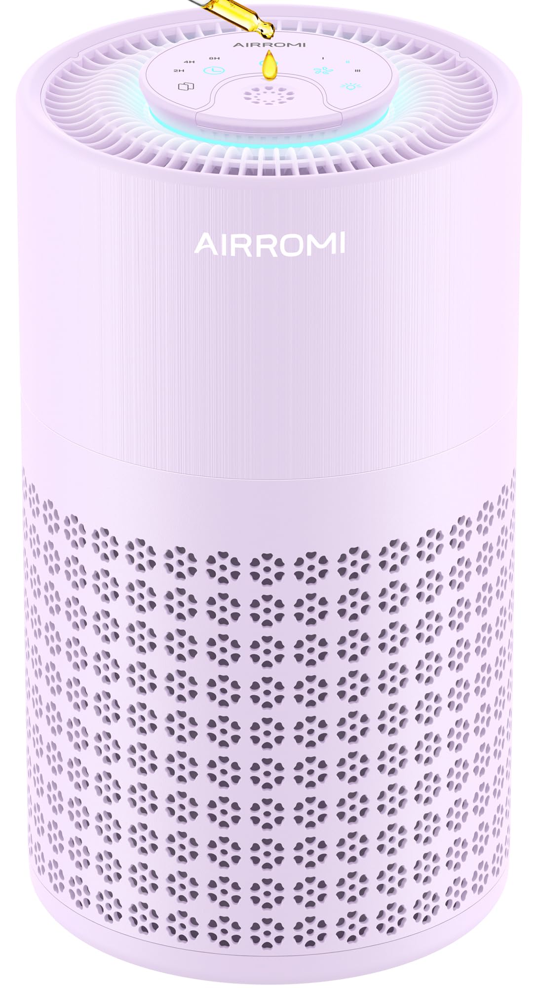 AirROMI A2001 bedroom purifier front view showing sleek purple finish