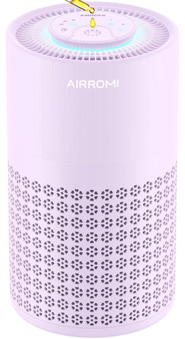AirROMI A2001 bedroom purifier front view showing sleek purple finish