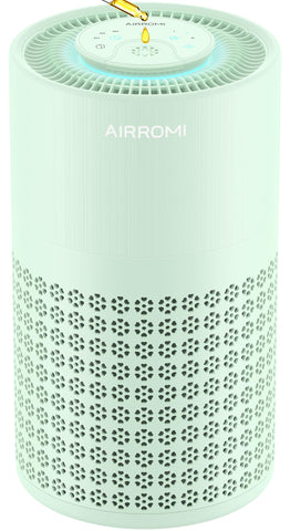 AirROMI A2001 bedroom purifier front view shows compact design for small spaces.