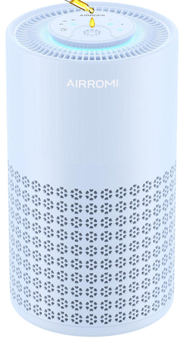 AIRROMI A2001 bedside purifier in blue delivering compact, powerful clean air