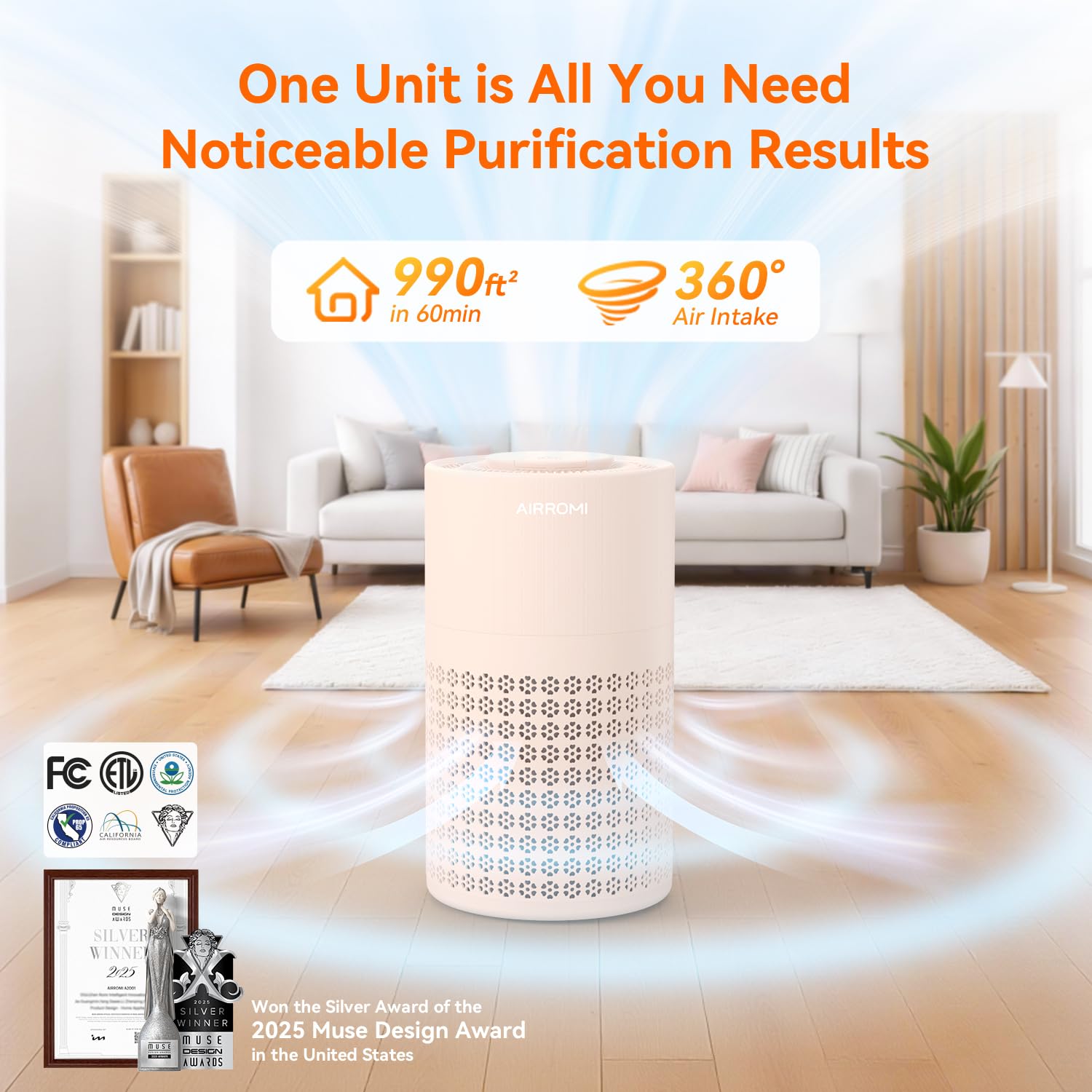 AirROMI A2001 bottom intake shows 360-degree airflow for even purification