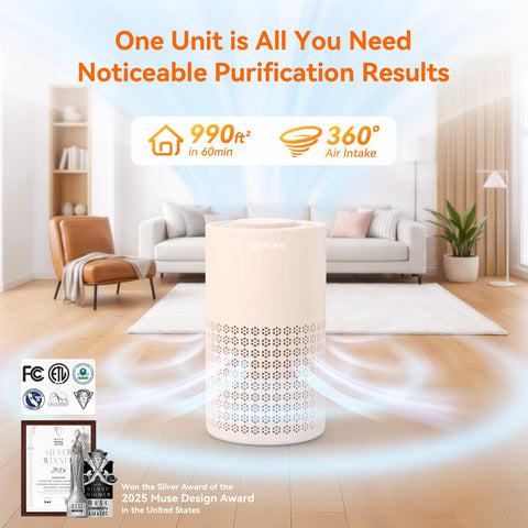 AirROMI A2001 bottom intake shows 360-degree airflow for even purification