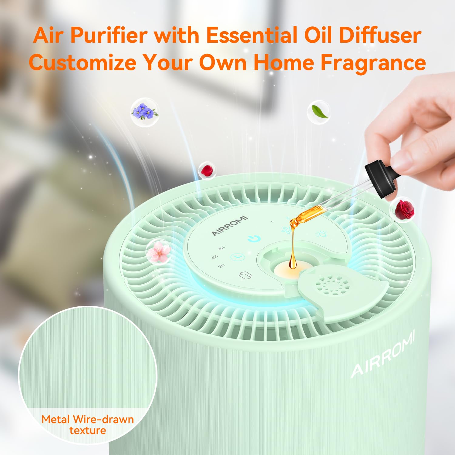 AirROMI A2001 brushed metal housing detail adds stylish home air purification look.