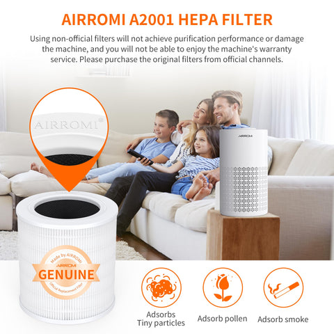 Close-up of AirROMI A2001 filter components: pre-filter, HEPA, activated carbon