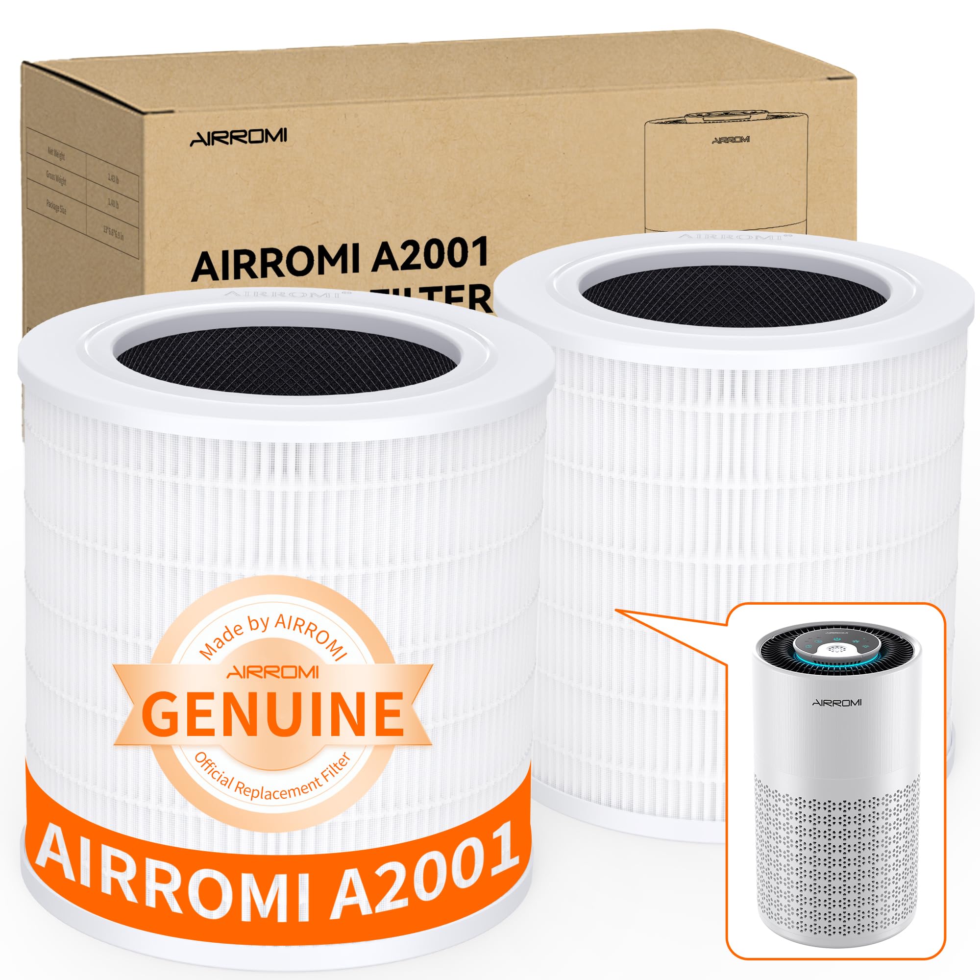 AirROMI A2001 filter front view showing 3-in-1 filtration for cleaner air