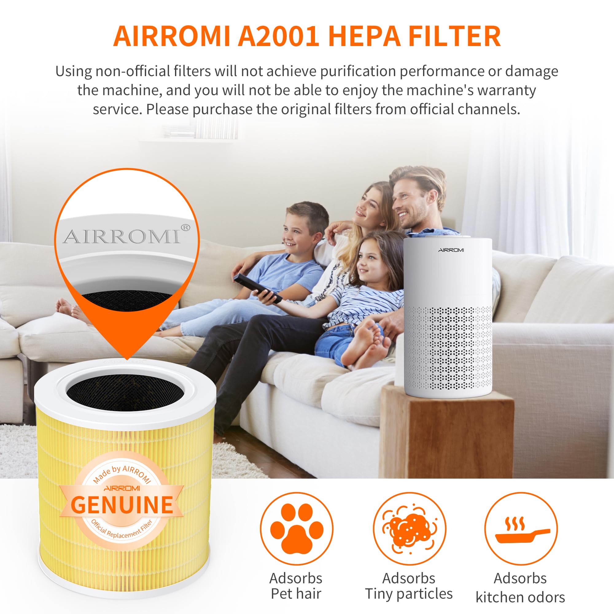 AirROMI A2001 HEPA filter component removes fine particles for cleaner air.