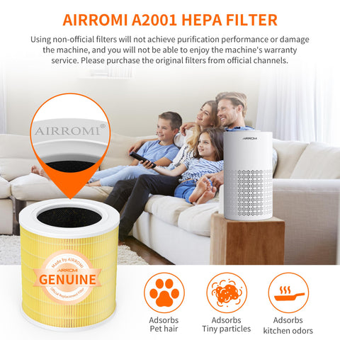 AirROMI A2001 HEPA filter component removes fine particles for cleaner air.
