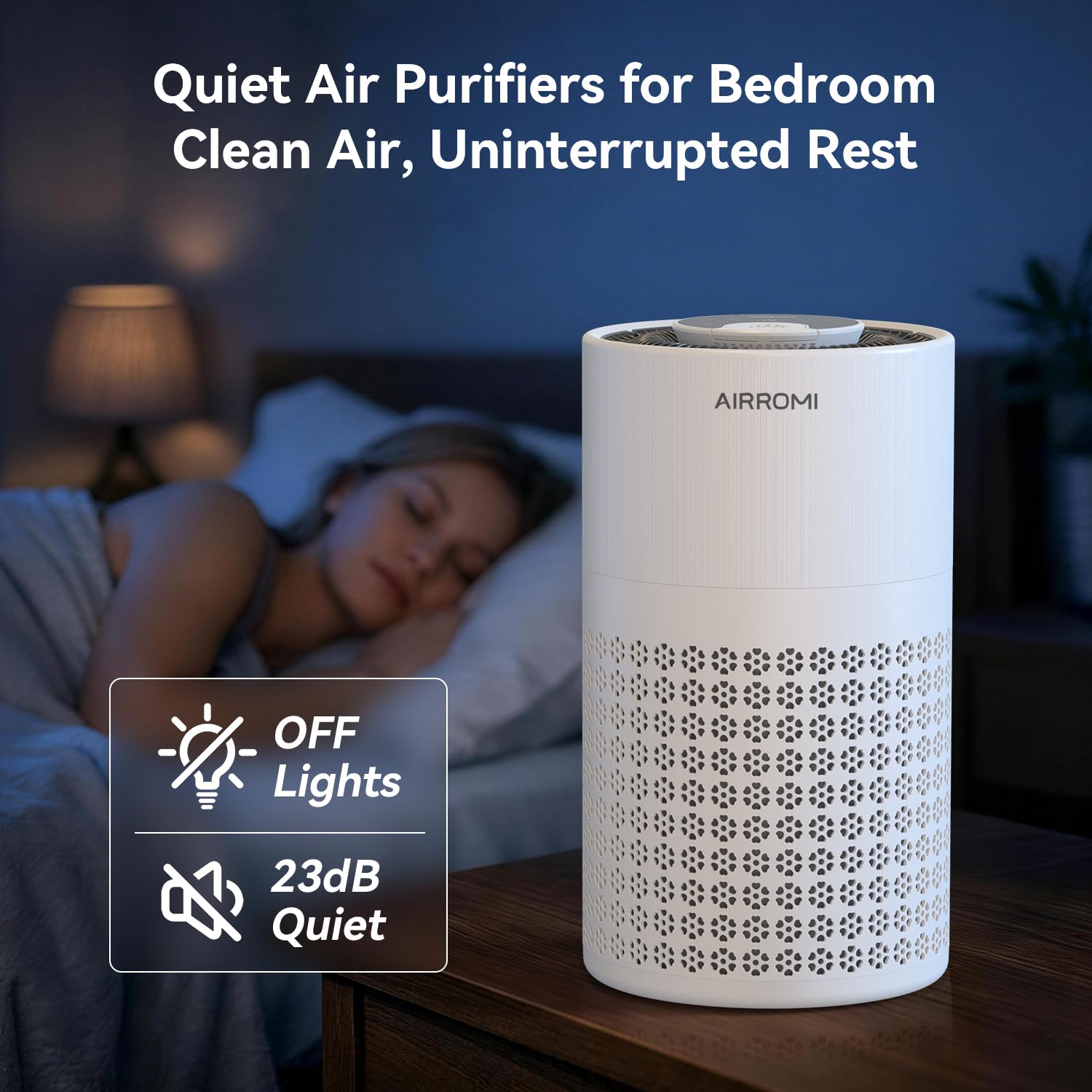 AirROMI A2001 in sleep mode for quiet nighttime operation.