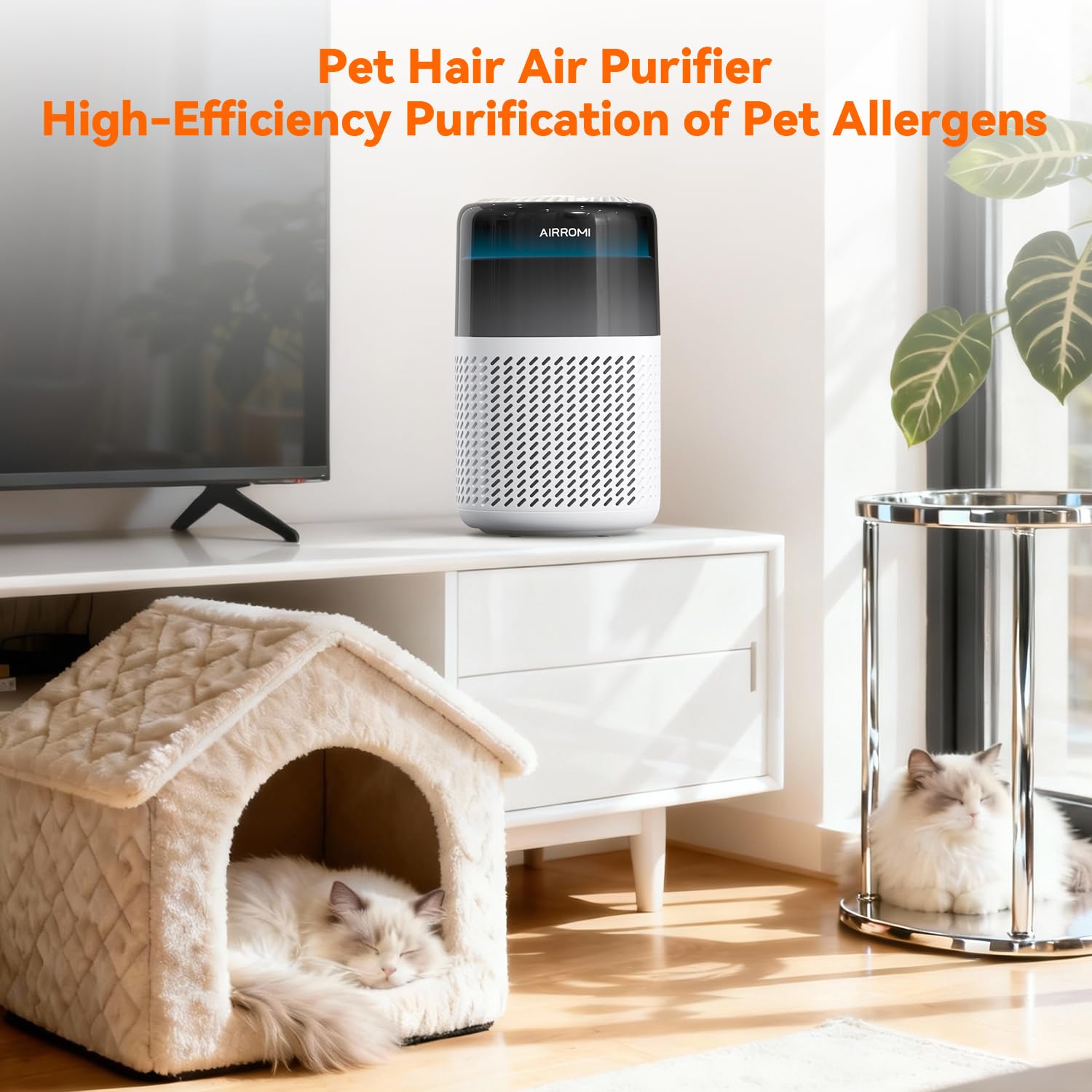AirROMI A2005 compact purifier ideal for bedrooms, nurseries, and pet rooms.