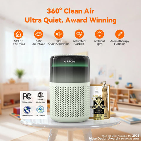 AirROMI A2005 bedroom usage promotes clean air for restful nights and allergy relief.
