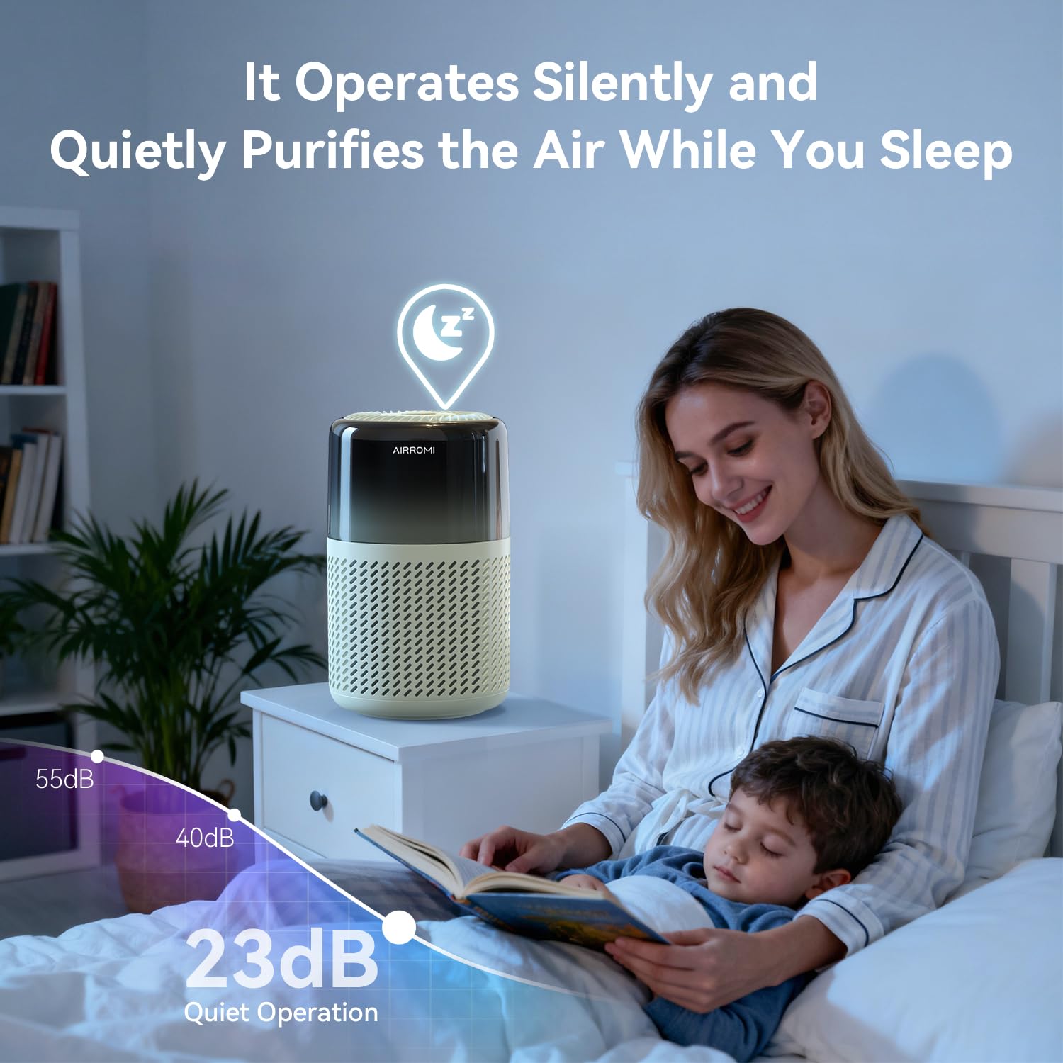 AirROMI A2005 night light with colors creates a calm bedroom ambiance.