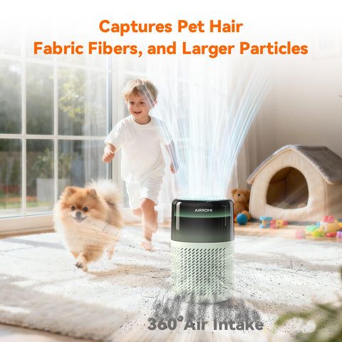 AirROMI A2005 pet odor elimination highlights dander and litter odor reduction.