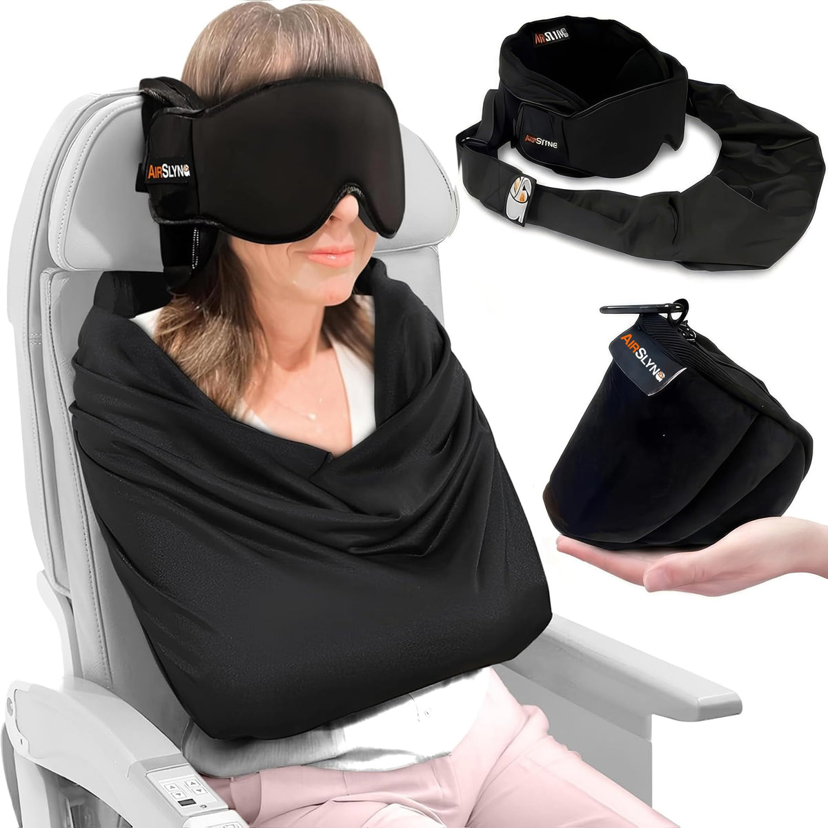 AirSlyng 3-in-1 airplane pillow supports upright rest for travel.