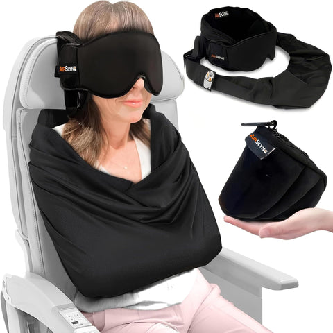 AirSlyng 3-in-1 airplane pillow supports upright rest for travel.