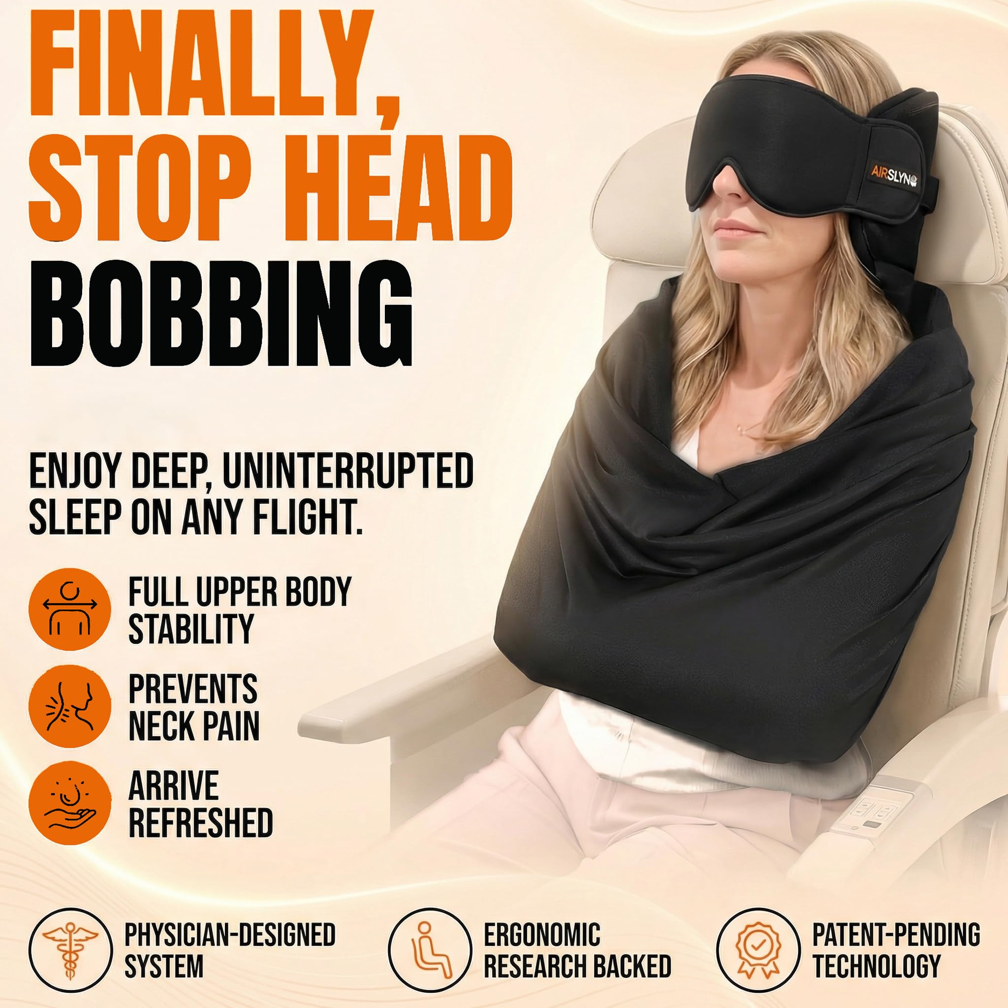 AirSlyng integrated eye mask blocks light for better flight sleep.
