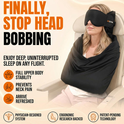 AirSlyng integrated eye mask blocks light for better flight sleep.