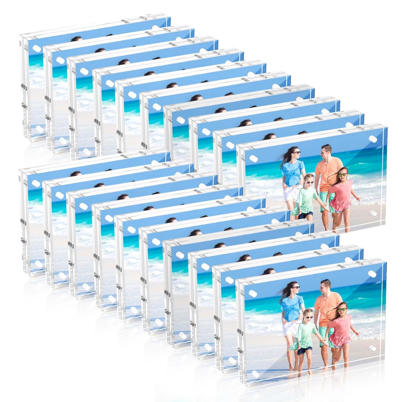 Airsnigi 20-pack 4x6 acrylic frames for clear desktop photo display.