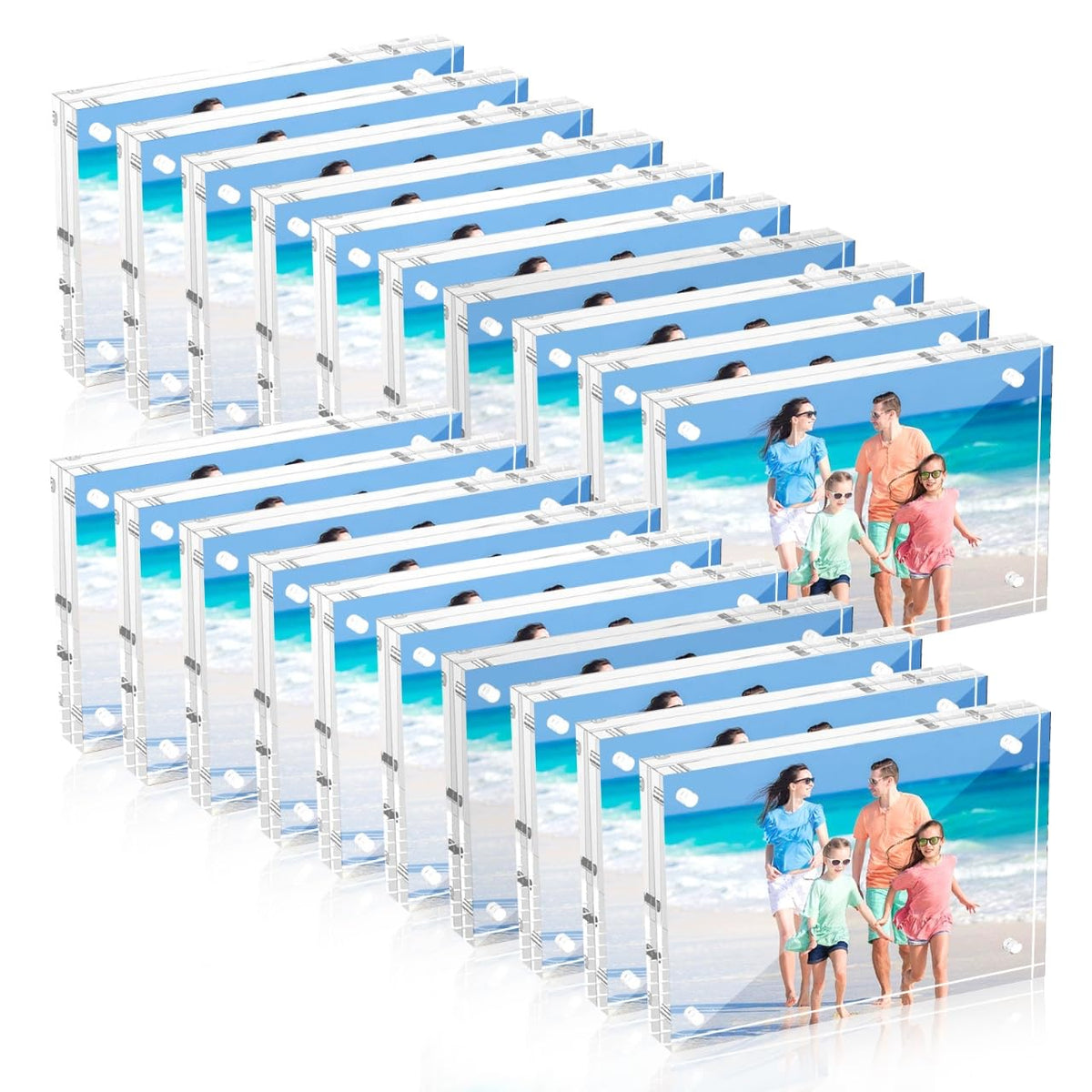 Airsnigi 20-pack 4x6 acrylic frames for clear desktop photo display.