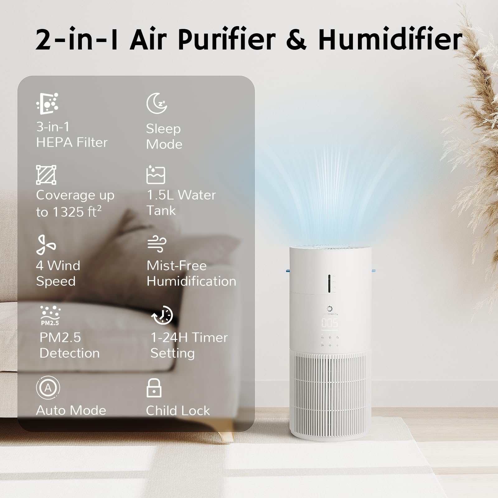 Airthereal AEH300 side view with sleek controls and quiet operation