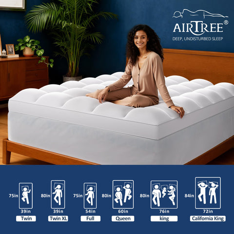 Airtree full-wrap 360-elastic skirt keeps topper secure on deep mattresses.
