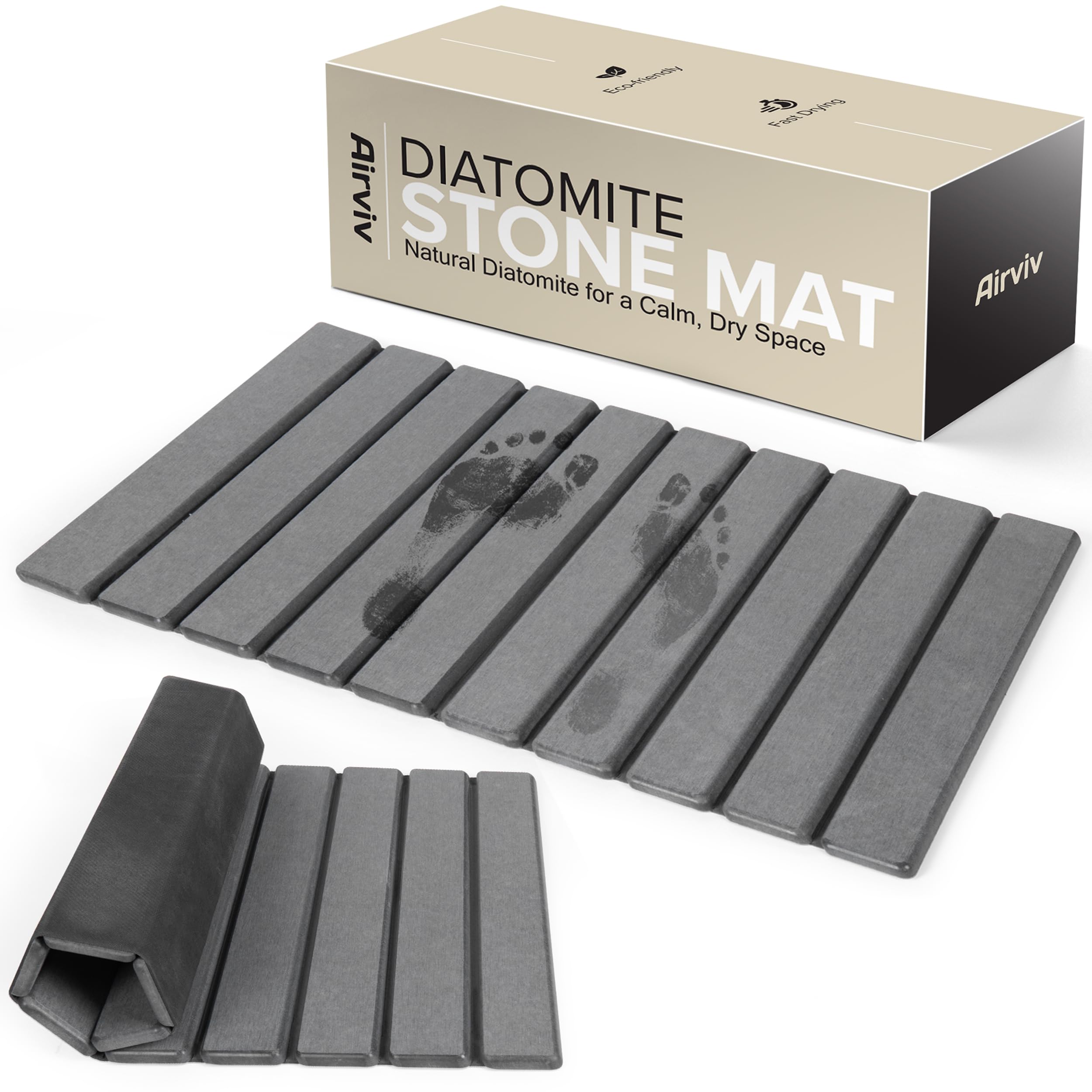 Airviv foldable stone bath mat demonstrating easy storage after use