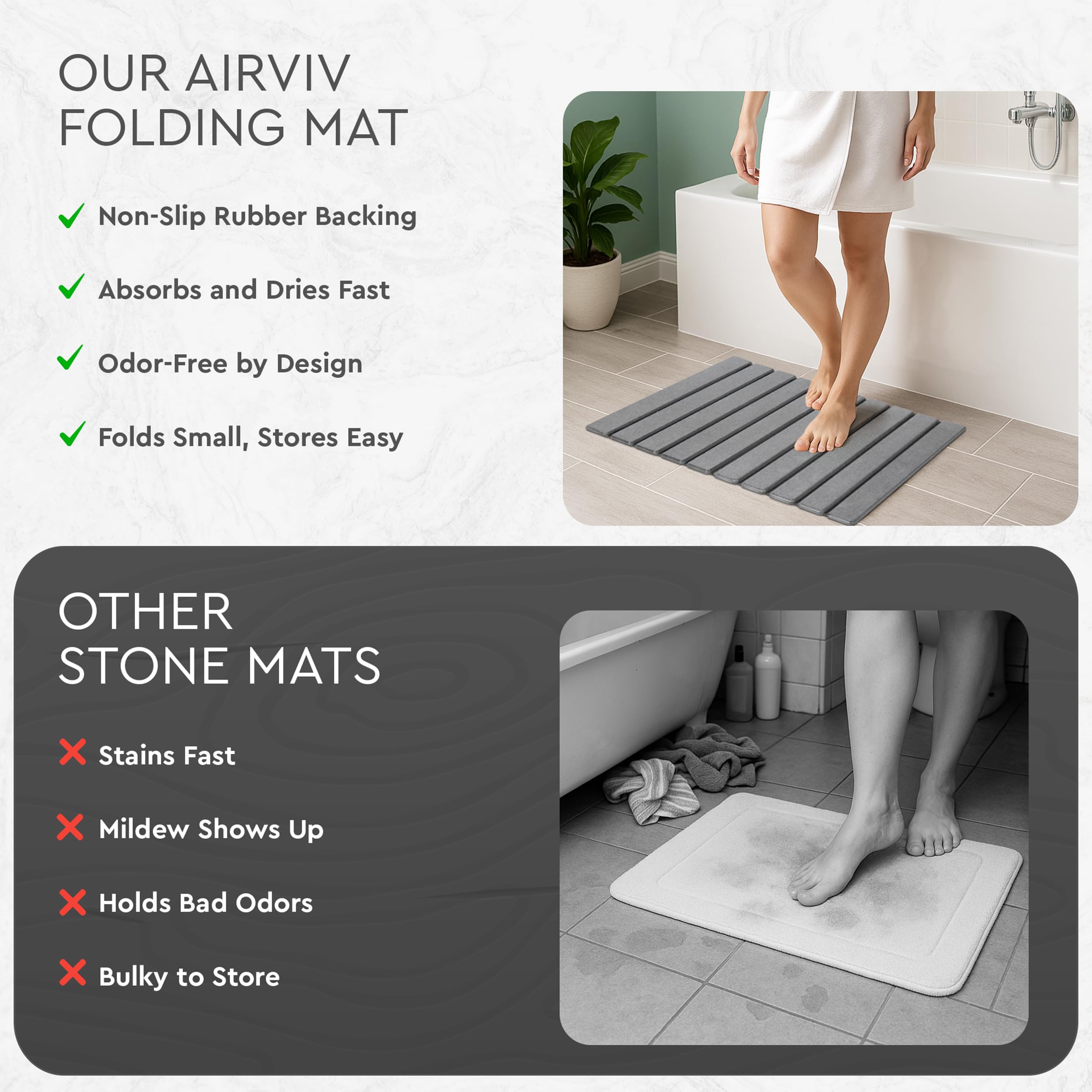 Airviv stone bath mat with anti-slip backing keeps bathroom surfaces safer