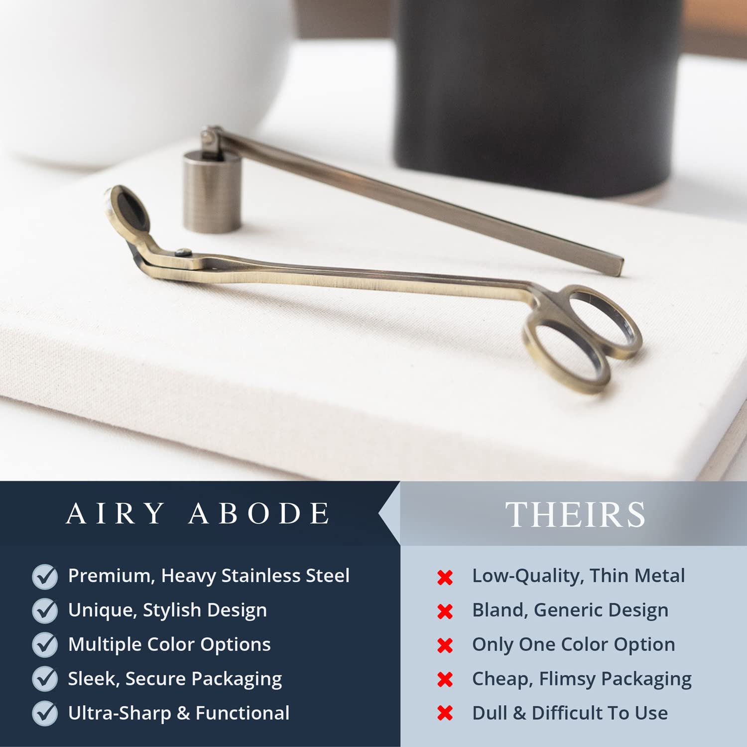 Airy Abode Wick Trimmer in rose gold for luxury candle maintenance