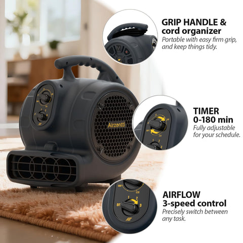 Airzentti 1100CFM air mover side view highlighting compact portability