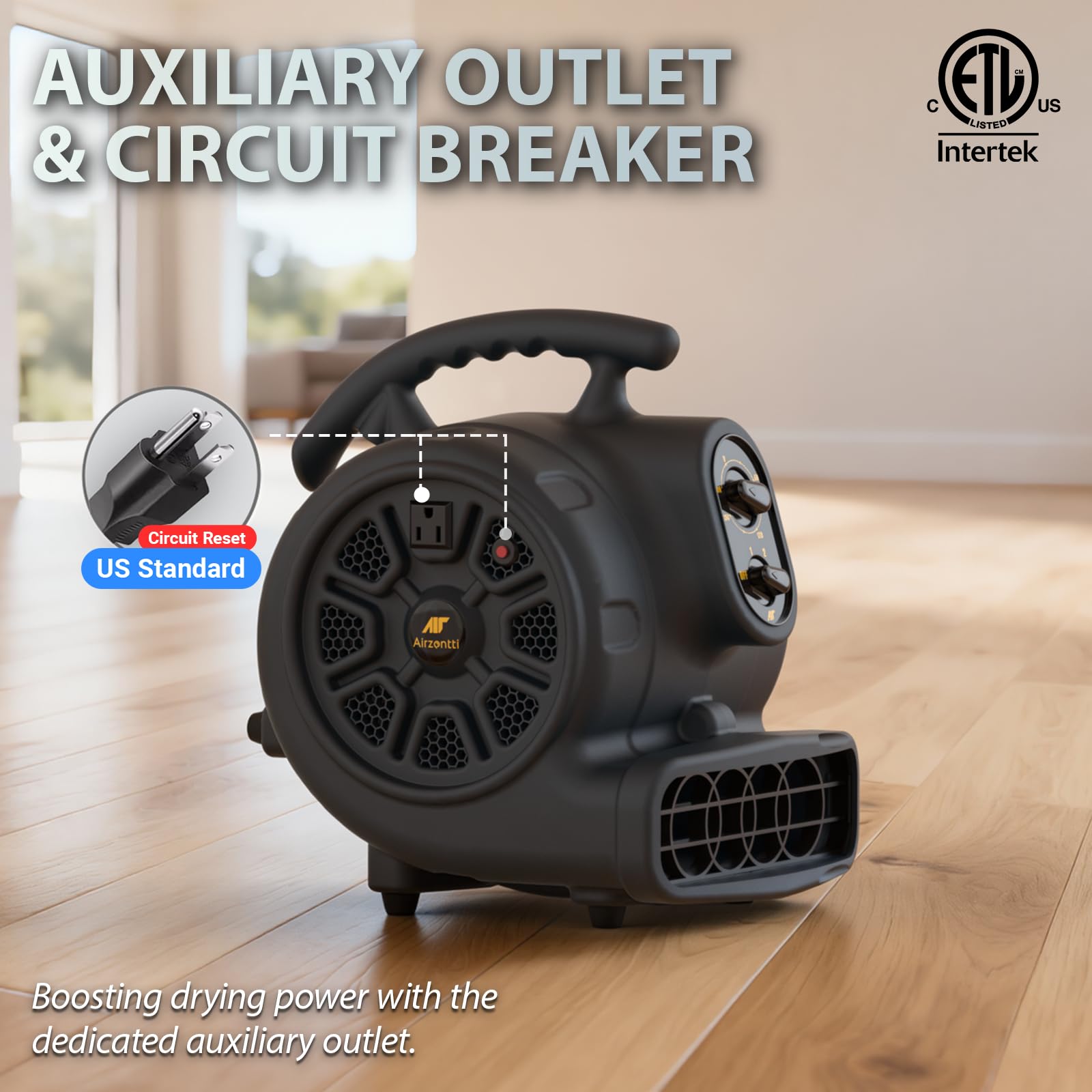 Airzentti 1100CFM air mover tilt angles 0-45-90 for targeted airflow