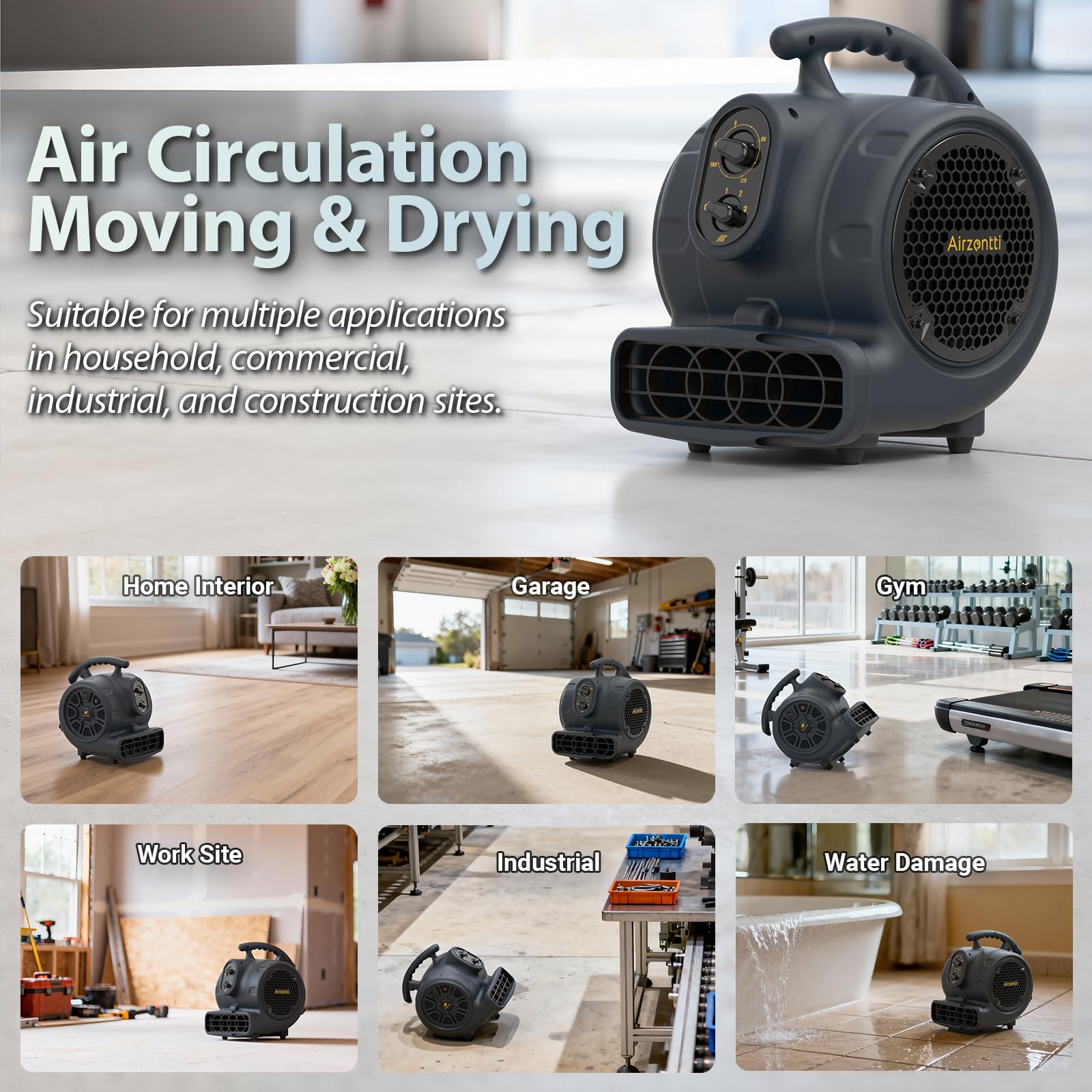 Airzentti 3-speed control on the air mover enables adjustable airflow