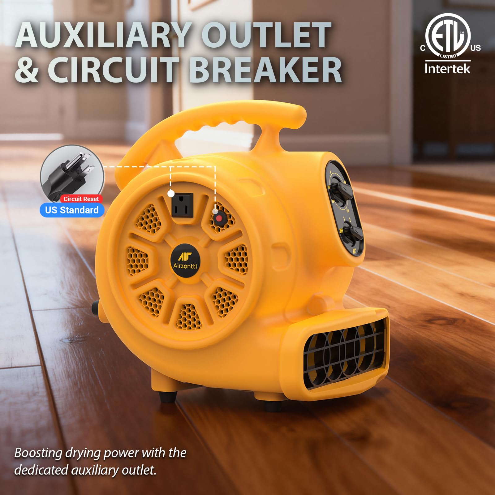 Air Zentti Air Mover top view highlighting compact design for tight spaces.