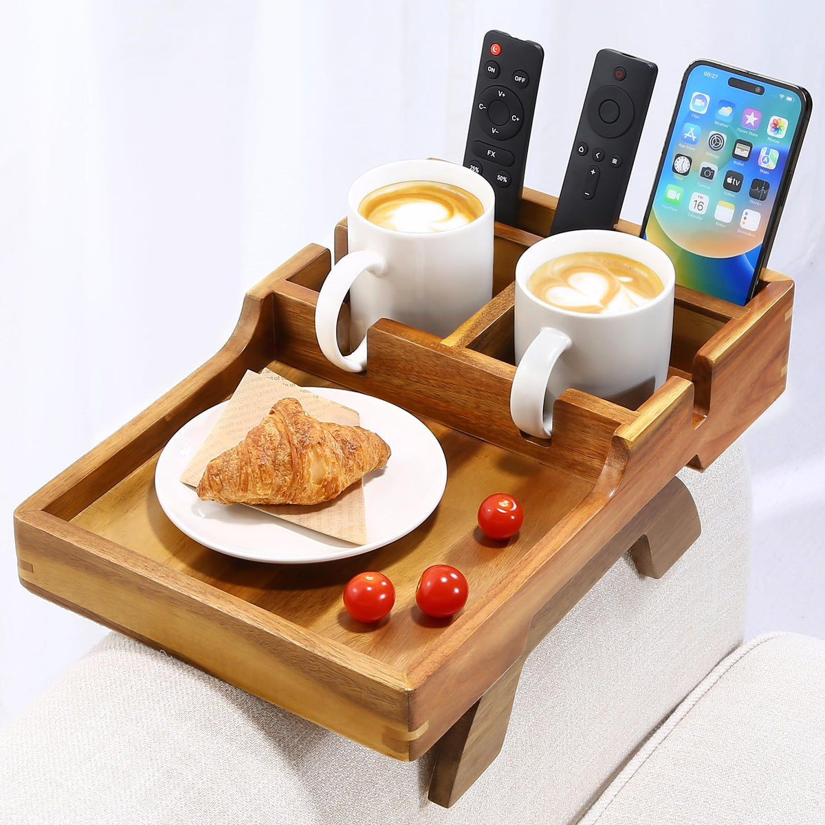 AISONGDONG Acacia wood couch arm tray rests over the arm, keeping drinks within easy reach.