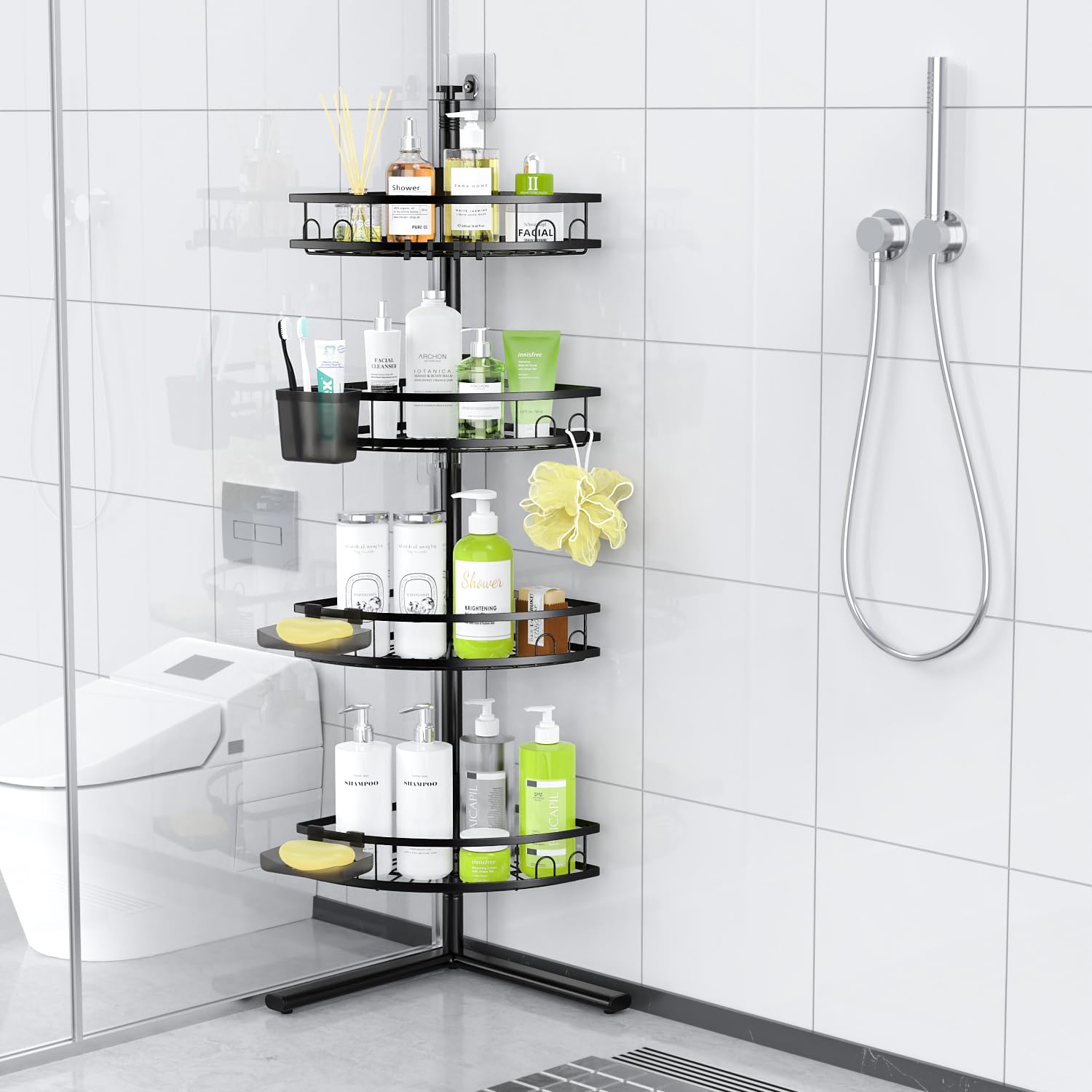 Aitatty black finish adds a sleek look to bathroom corners.